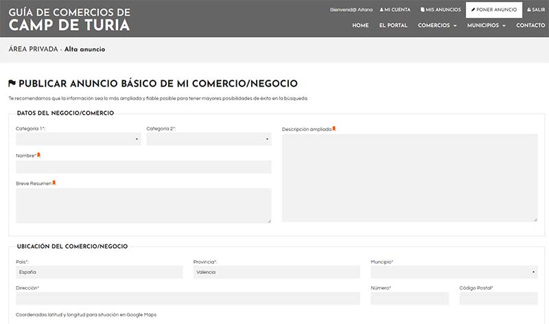 Formulario de registro de empresa en directorio